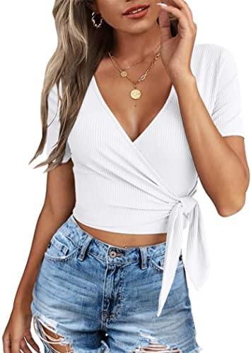 Crop Tops for Women Summer Cute Tops with Deep V Neck Shirts Sexy Unique Cross Wrap Slim Fit Tie Up Front Short Sleeve 2XL