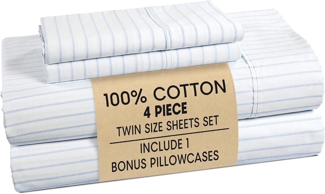 Casa Platino Twin Size Bed Sheets Crisp & Cool Percale Weave 100% Cotton Bed Sheets Twin Size with 2 Pillowcases, 15" Deep Pocket Fitted Sheet, Long-Lasting for Cozy Sleep in All Seasons Skylure