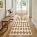 LIVEBOX Checkered Rug Runners for Hallways 2.5x8, Beige Non Slip Kitchen Washable Runner Rugs, Moroccan Plaid Indoor Carpet Runner for Entryway Bathroom Bedroom Laundry