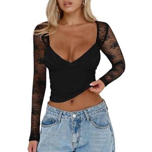 CSDAJIO Women's Sexy Going Out Tops for Women Sweetheart V Neck Long Sleeve Lace Top Low Cut Shirt M