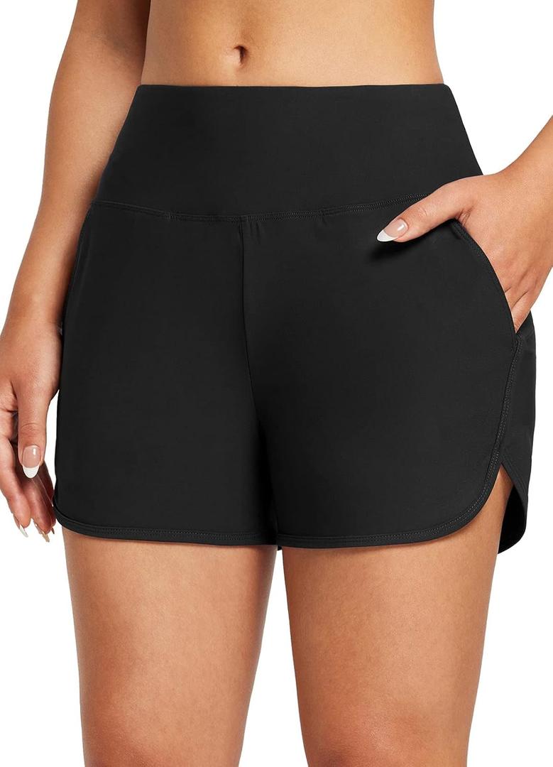 baleaf Women's 3"/5"/ 7" High Waisted Swim Board Shorts Quick Dry Swimsuits Bottoms Trunks with Pockets (Large, Black)