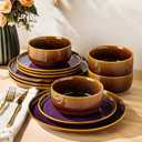 TheTerra Ceramic Dinnerware Sets for 4, 12 Pieces Handmade Reactive Glaze Plates and Bowls Set, Scratch Resistant Dish Set, Oven & Microwave & Dishwasher Safe, Amber Amethyst