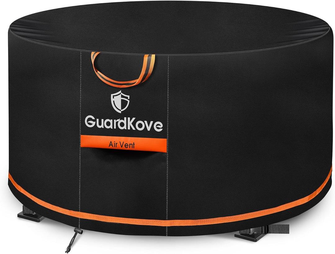 [Upgraded 1000D Heavy Duty Fabric] 32 Fire Pit Cover Round for 29- 32 Fire Pit/Tables, Waterproof Tear & Fade Resistant Firepit Cover with Buckle, Handle, Drawstring, Air Vent (32D x 16H,Black)