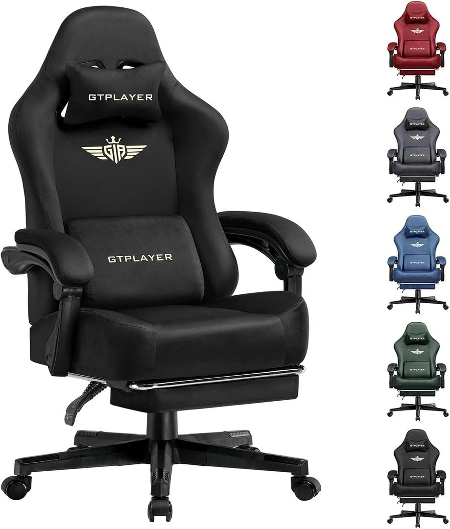 GTPLAYER Gaming Chair Fabric with Pocket Spring Cushion, Big and Tall Gamings Chairs 350LBS High Back Computer Chair with Footrest for Adults Lumbar Support Swivel Game Chair for Office Light Black, Large