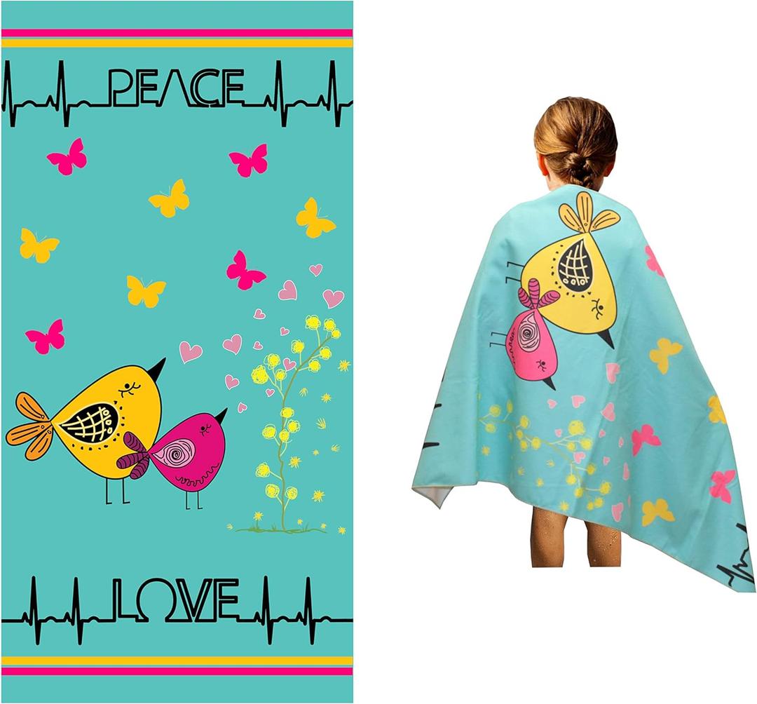 Microfiber Beach Towel for Kids - Thin and Large (30"x60") - Peace Love - Absorbent, quick dry, sand free, lightweight, blanket - toddler, girls, boys - For Sports, Pool, Picnic, Camping, Travel, Swim