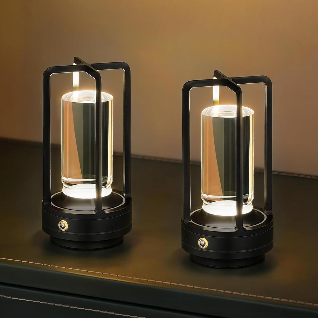 Rechargeable Table Lamp Cordless, 3 Color | Crystal | Stepless Dimming, for Dining Room, Living Room, Bar, Cafe, Restaurant, Patio, Camping, Pack of 2 (Black)