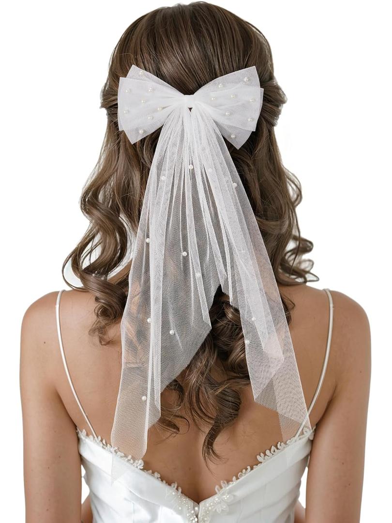 SWEETV Bridal Hair Bow Veil White Bow Clip Bachelorette Party Decorations Pearl Accessories Bride to Be Bridal Shower Gift