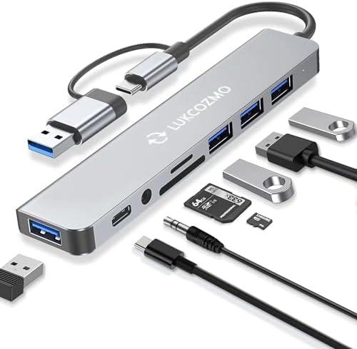 USB Hub USB C Hub USB Splitter 7 in 1 USB Extender with 4 USB Port 1 USBC Port TF/SD Card Reader Audio Output Compatible with MacBook/Pad Pro/Dell/HP Laptop/Phones, Space gray