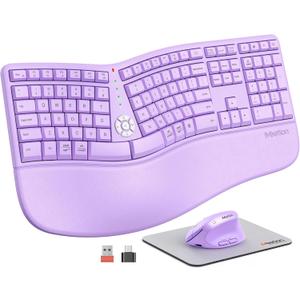 MEETION Ergonomic Wireless Keyboard and Mouse, Curved Keyboard with Vertical Mouse, Split Ergo Keyboard with Wrist Rest, Natural Typing Rechargeable Full Size, Windows/Mac/PC/Laptop, Purple
