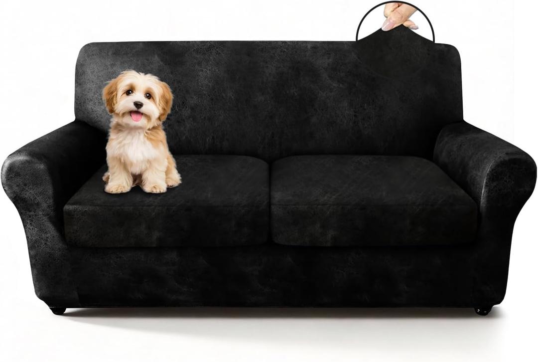 ANARACHON Loveseat Slipcover 3-Piece for 2 Cushion Couch, Faux Leather Fabric NO Slip Scratch-Resistant Durable Stretch Furniture Protector, Pet Friendly for Dogs & Cats, Machine Washable,(Black)