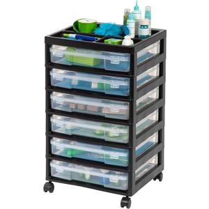 IRIS USA Fits 12" x 12" Paper, 6-Tier Scrapbook Rolling Storage Cart with Organizer for Stationery Vinyl Tools Office Art and Craft Supplies, Yarn, 6 Clear Cases w/Built in Handle - Black/Clear