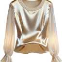 GORGLITTER Women's Pearl Satin Top Silk Chiffon Flounce Long Sleeve Dressy Business Casual Blouse Office Work Shirts Champagne Small