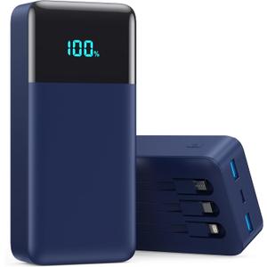 Portable Charger 50800mAh Power Bank with 3 Built in Cables,25W PD QC4.0 Fast Charging USB C Battery Pack,6 Outputs 2 Inputs Travel Essentials Phone Charger for iPhone 17/16/15,Google,Android,Blue