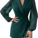 WDIRARA Women's Long Lantern Sleeve Elegant Shawl Collar Blazer Romper Shorts Jumpsuit (Large, Dark Green)