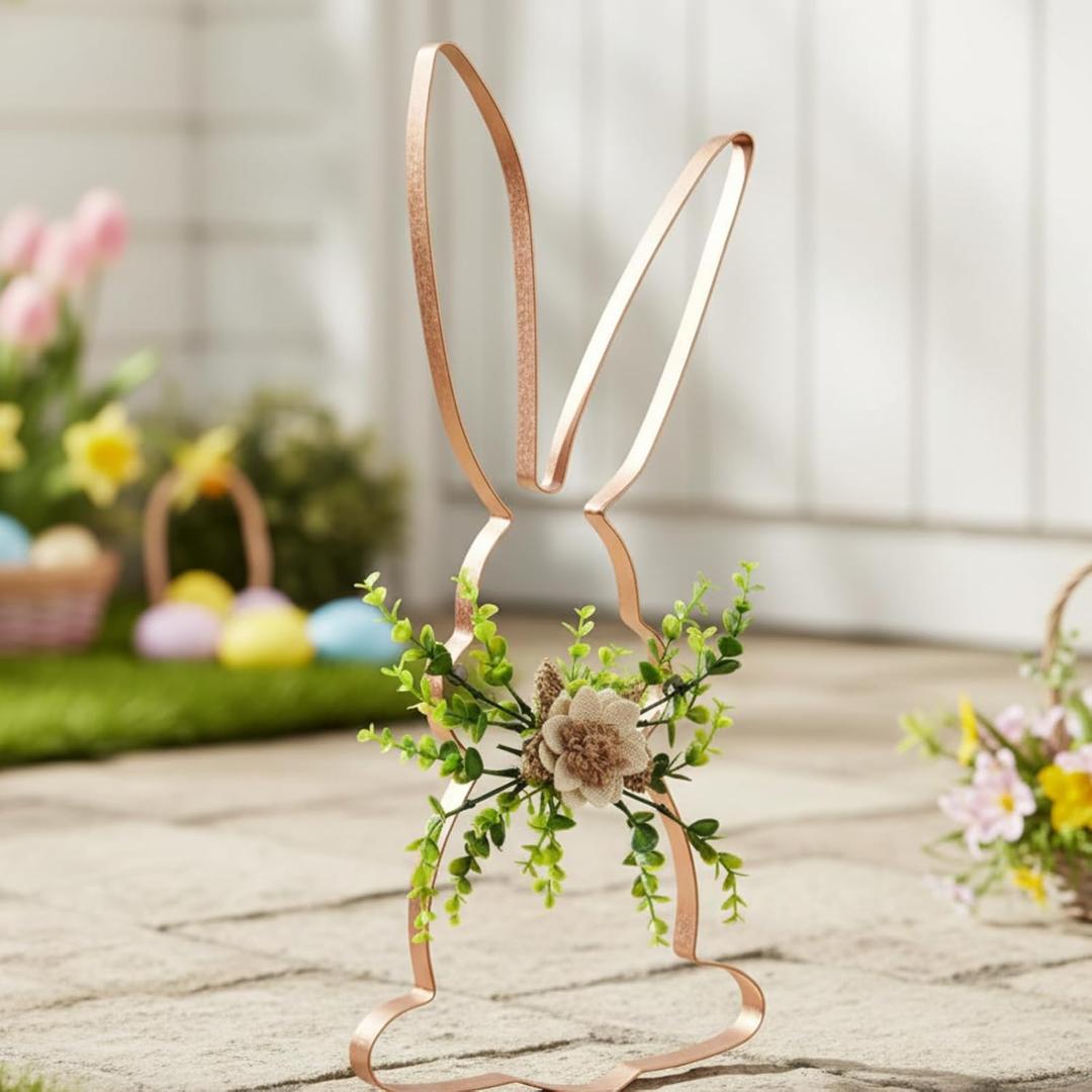 20 Inch Easter Metal Bunny Yard Decoration 3D Metal Rabbit Yard Signs with Linen Flowers Easter Outdoor Lawn Decor Bunny Signs for Garden Porch Backyard Spring Seasonal Props Party Supplies