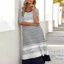 Women's Summer Casual Striped Print Pocket Crew Neck Dress Multicolor