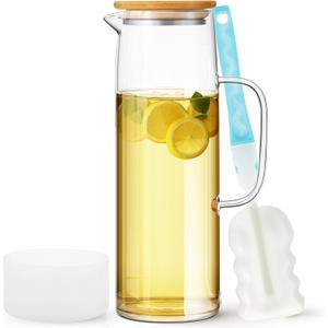 Hsei 50 oz / 1500 ml Glass Pitcher with Lid, Water Carafe with Handles for Hot/cold Beverages, Including 1 Long-handled Brush and Non-slip Mat, for Tea Juice Milk Coffee