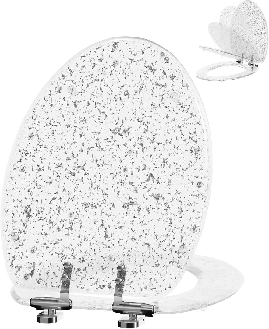 Angol Shiold ELONGATED Glitter Silver Resin Slow Close Toilet Seat 18.5Inch