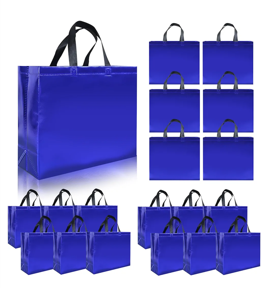 15 Pcs Glossy Blue Reusable Gift Bags with Handles, Party Gift Bags Bulk with Sturdy Bases, Ideal Goodie Bag for Birthday, Wedding, Christmas, Holiday-12.6 x 4.7 x 11 In