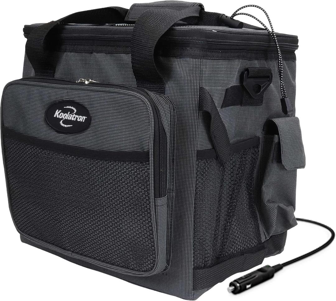 Koolatron Electric Portable Cooler Plug in 12V Car Cooler Bag, 26 qt (25 L) Black/Gray Soft-Sided Portable Car Fridge w/DC Power Cord, Adjustable Shoulder Strap, Cord Storage, Road Trip