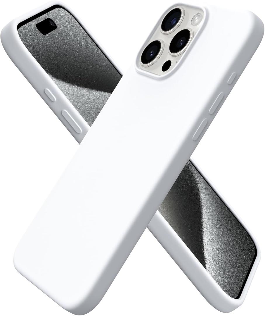 ORNARTO Compatible with iPhone 15 Pro Max Case 6.7", Slim Liquid Silicone 3 Layers Soft Gel Rubber Shockproof Protective Phone Case with Anti-Scratch Microfiber Lining-White