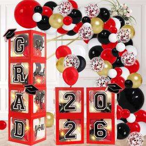 DAZONGE Graduation Decorations 2026, Set of 4 Red Grad Balloon Boxes with 139pcs Balloon Arch Garland Kit & 4 Light Strings - So Proud of You 2026 Graduation Decorations for Any Grades