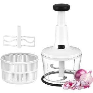 Manual Hand Push Food Chopper, Vegetable Dicer Mincer with Container, Egg Whisk & Salad Spinner for Salsa, Salad, Pesto, Hummus