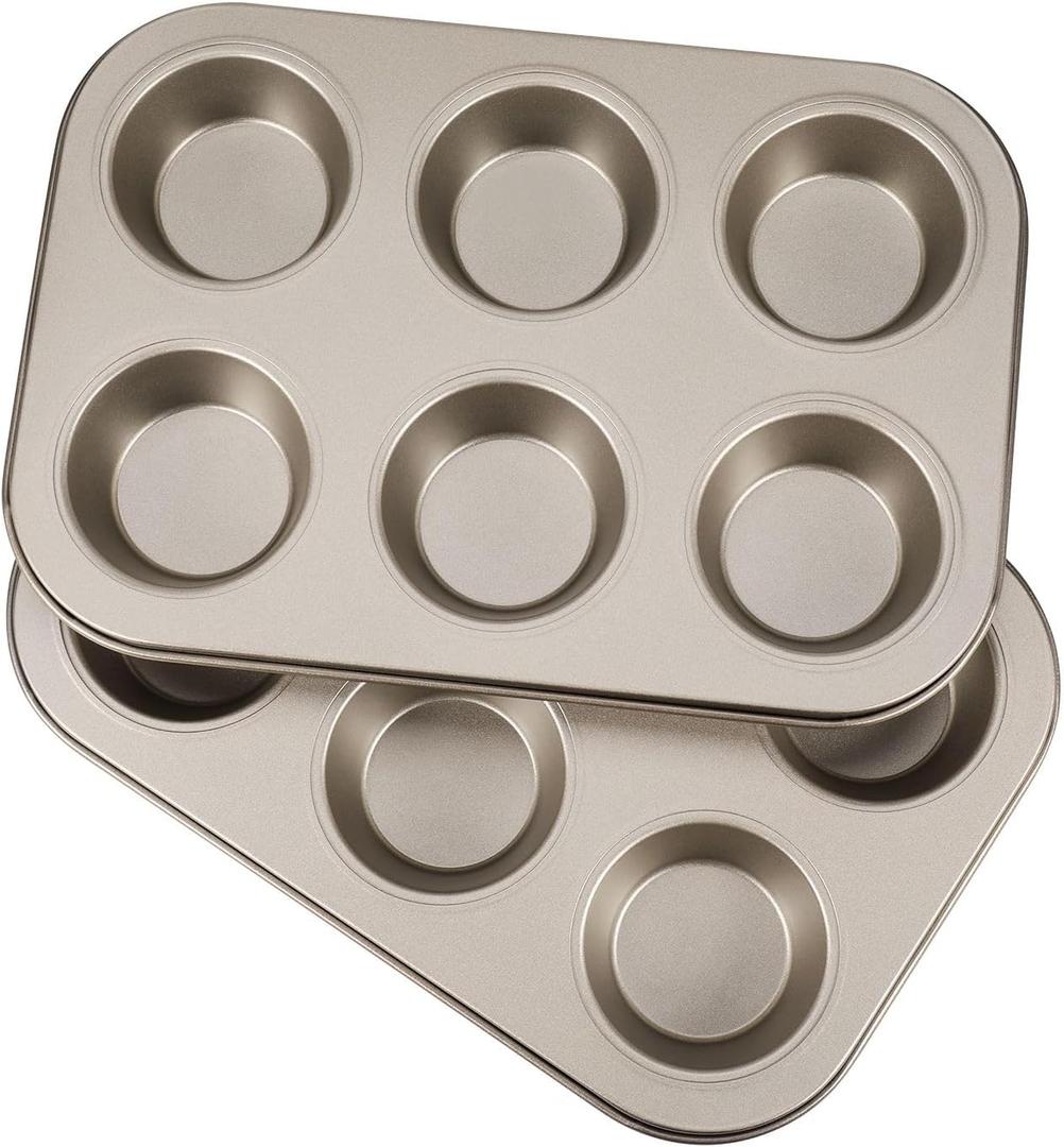 Flexzion Muffin Tray Cupcake Baking Pan 2 Pack, Carbon Steel Muffin Tins Nonstick 6 Cups, Cupcake Tin Bakeware Accessories for Baking Cupcake Muffin Brownies Snack, Fridge Safe, Champagne Gold