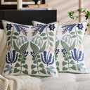 Embroidered Flower Spring Throw Pillow Covers 18x18 Set of 2, Farmhouse Floral Decorative Cushion Cases with Zipper for Rustic Couch Bed Aesthetic (Bird Floral Vine, 18" x 18" (Pack of 2))