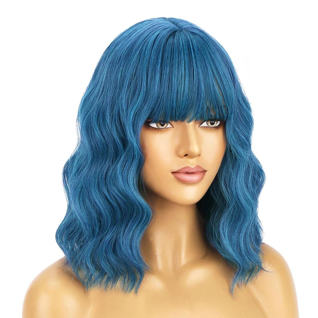 BERON Blue Wig Short Curly Wig for Women Mix Blue Wigs with Bangs Synthetic Dark Blue Wigs with Hairnet Include