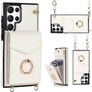 for Samsung Galaxy S22 Ultra Case 5G 6.8 inch, Minimalist Wallet Case with Ring Kickstand and Shoulder Strap, Shockproof Stylish Protective Cover for Galaxy S22 Ultra -White (Galaxy S22 Ultra, White)