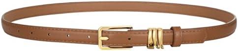 XZQTIVE Women Skinny Leather Belt Ladies Brown Thin Waist Belt for Dresses Jeans Pants with Gold Buckle and Metal Loops