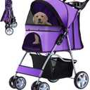 Pet Stroller, 4 Wheels Pet Strolling Cart for Medium/Small Dogs and Cats, Foldable Cat Jogger/Dog Stroller with Cup Holder, Storage Basket, Breathable Mesh, All-Season Pet Carrier, Purple