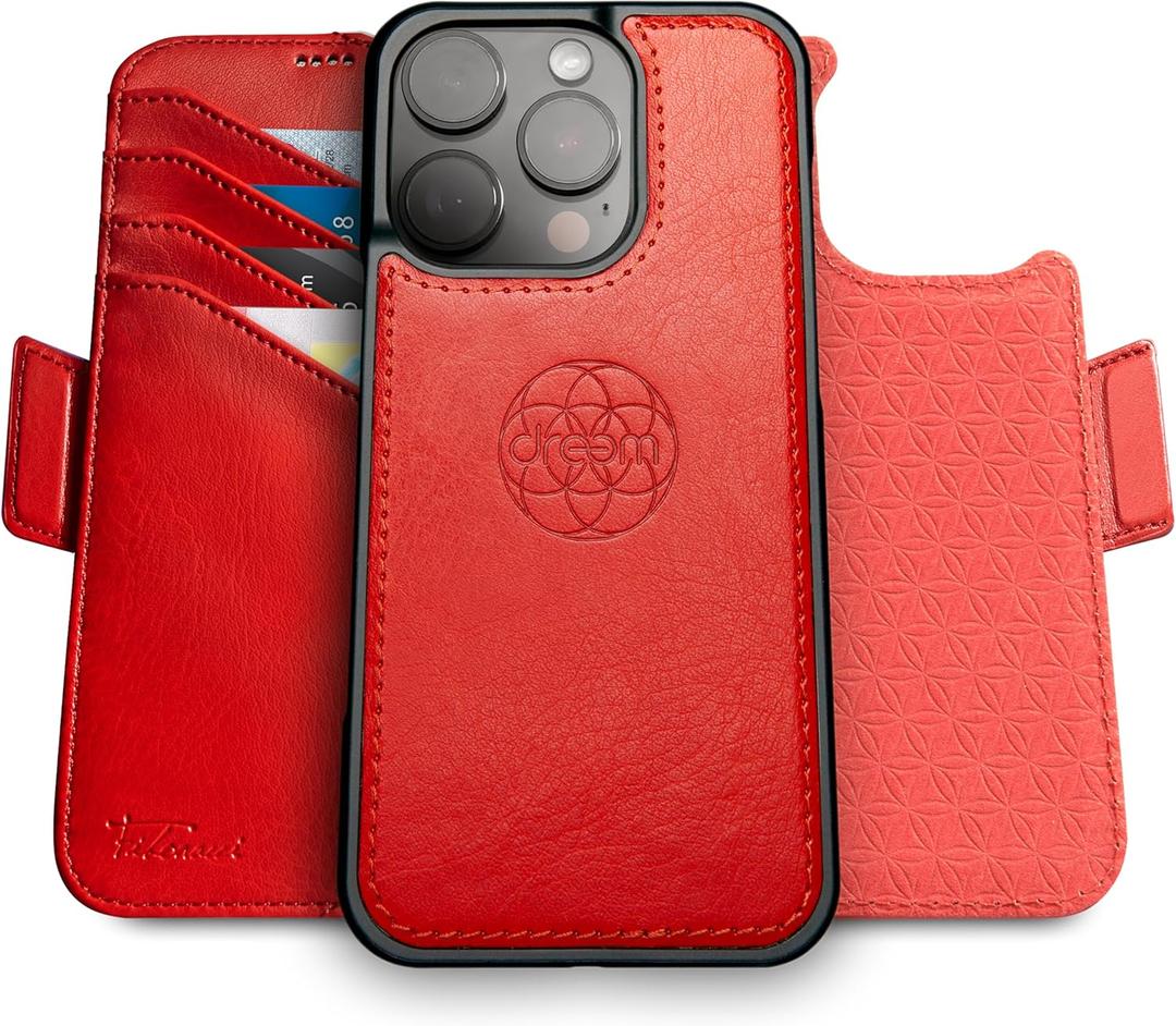 Dreem Real Leather for iPhone 16 Pro Case Wallet, Revolutionary Phone Stand, MagSafe-Fit, Magnetic Detachable Flip Cover, RFID Blocking Card Holder, Gift-Box [Fibonacci:Red]