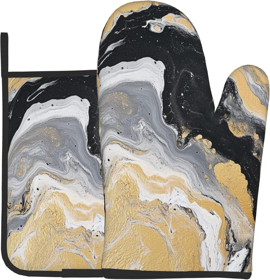 Oven Mitt and Pot Holders Sets - Marble Kitchen Mitts Decorative Marbling Oven Gloves Stones Hot Pads Set of 2 for Cooking BBQ Baking Grilling (Black White Yellow Marble)
