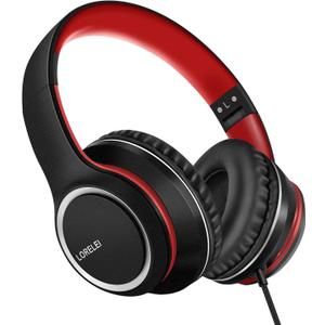 LORELEI X8 Over-Ear Wired Headphones with Microphone with 1.45m-Tangle-Free Nylon Line&3.5mm Plug,Lightweight Foldable & Portable Headphones for Smartphone,Tablet,Computer,Mp3/4(Black-Red)