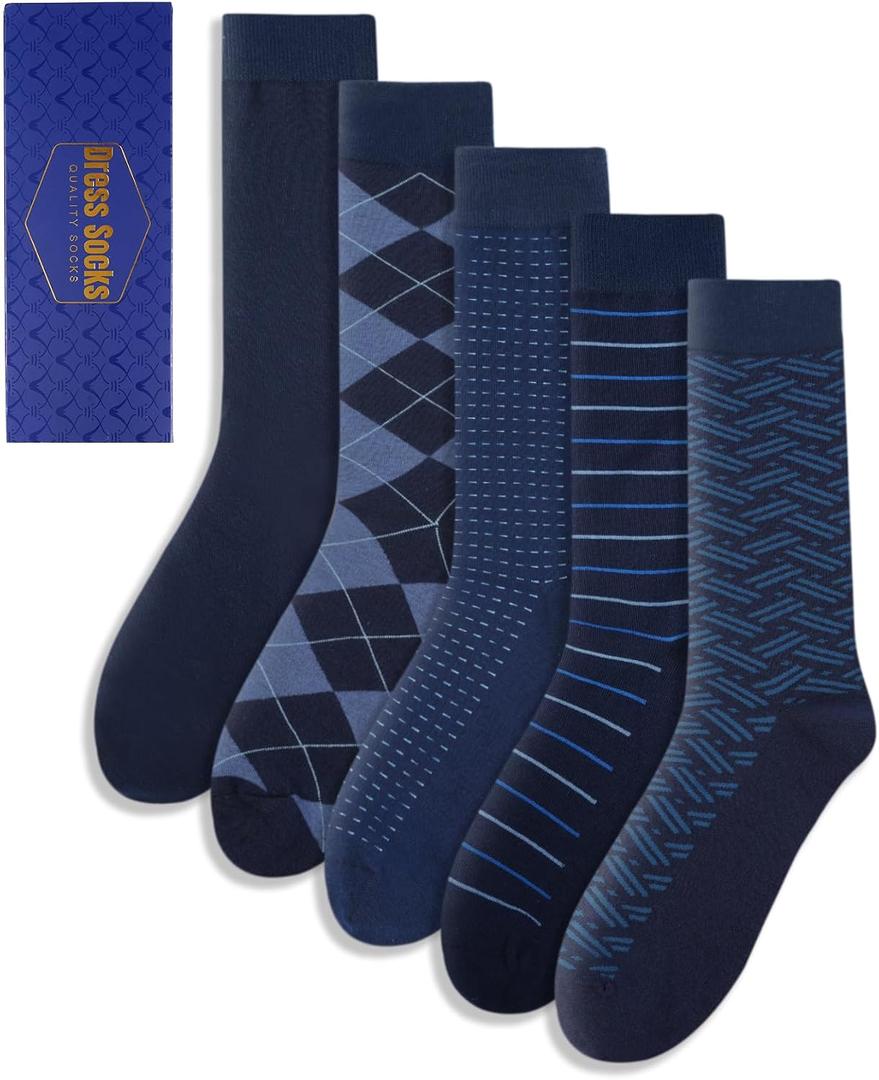 Mens Dress Socks Classic Patterned Business Crew Cotton Socks for Father Husband Birthday Gifts 5 Pairs (Blue), Shoe size:  8-13
