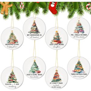 Thyle 8 Pcs Ceramic Book Lover Ornaments Book Club Gifts Christmas Tree Ornaments Christmas Tree Hanging Gift for Librarian Bookish Club Gifts(Trees, Circle)
