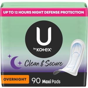 U by Kotex Clean & Secure Overnight Maxi Pads, 90 Count (3 Packs of 30) (Packaging May Vary)