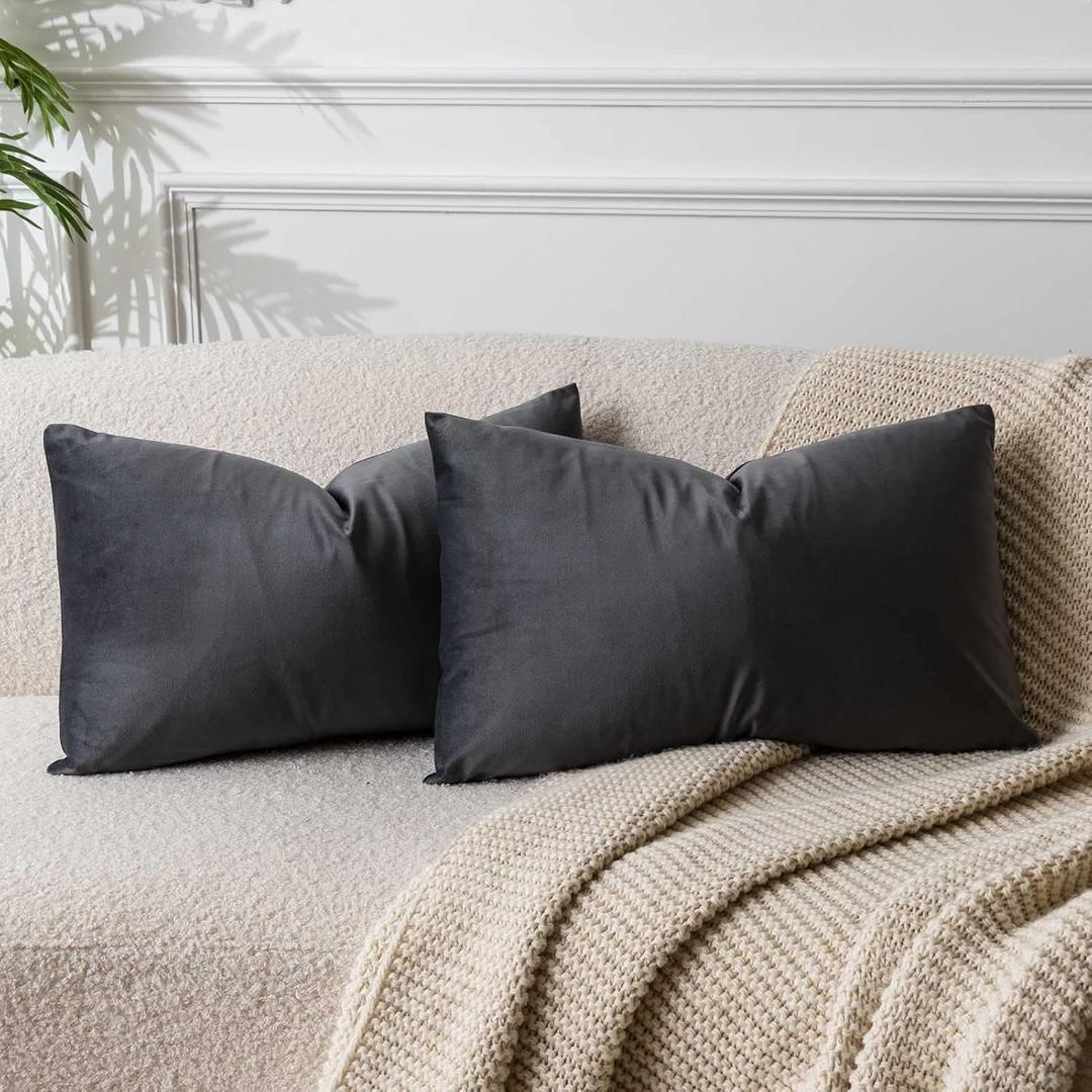 JUSPURBET Dark Gray 24x16 inch Pillow Cover Set of 2 Decorative Rectangular Lumbar Velvet Throw Cushion Cases for Living Room Sofa Bedroom Soft Durable Premium Velvet Fabric