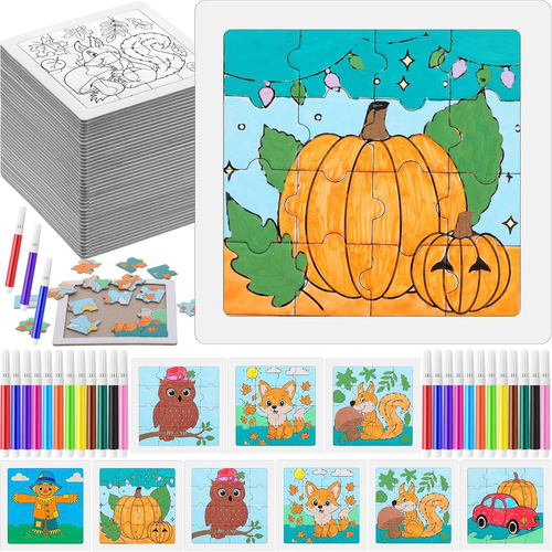  72pcs 4.7'' Fall Puzzles Bulk for Kids 48 Thanksgiving Jigsaw Puzzles and 24 Colorful Pens Color Your Own Jigsaw DIY Paper Craft Kit for Toddler Children Education Toy Autumn Party Favor Gift