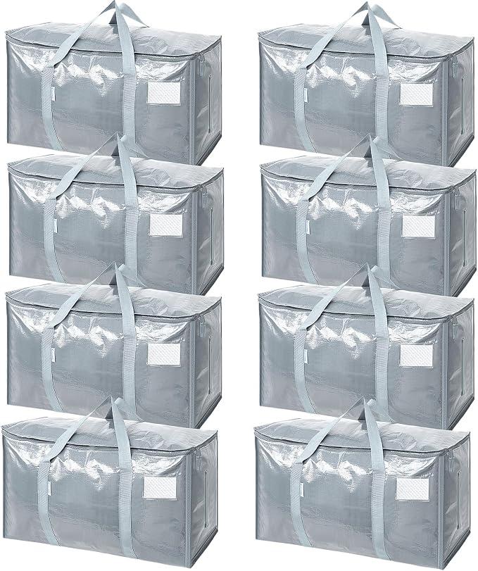 TICONN 8 Pack Extra Large Moving Bags Heavy Duty with Zippers & Carrying Handles, Durable Storage Bags Moving Boxes for Closet Organizers and Storage (8 Pack, Light Grey)