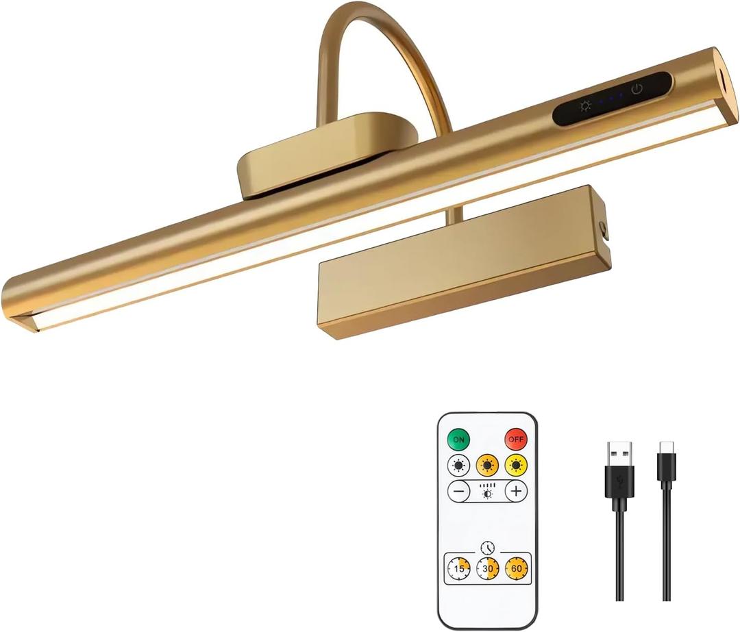 Dimmable Cordless Picture Light with Controller and Timer, Rechargeable 5000mAh Battery Wall Sconce for Wall Pictures, Gallery Artwork, Paintings, Portraits, Dartboards (Gold) (14"L x 6.3"W x 6.3"H)
