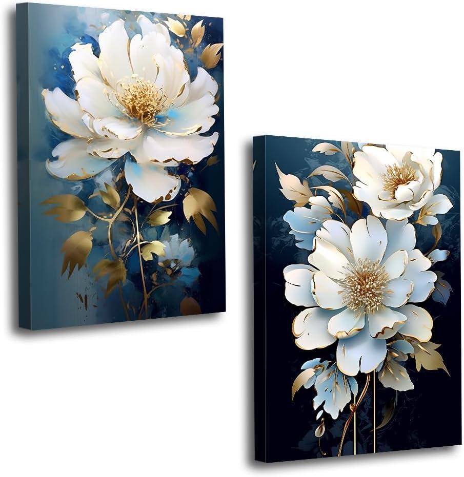 Flower Canvas Wall Art 2 Piece Navy Blue Gold and White Flower Picture Prints Floral Bloom Paintings for Bedroom Living Room Office Decor Framed(Flower,16.00" x 24.00" x 2PCS)
