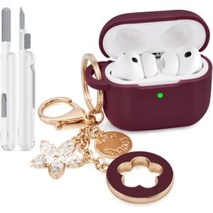 VISOOM for AirPods Pro 3 Case 2025, Silicone Case for Apple Air Pods Pro 3rd Generation Cover Women, Cute iPods 3 Protective Cover with Bling Keychain & Cleaning Kit,Burdungy