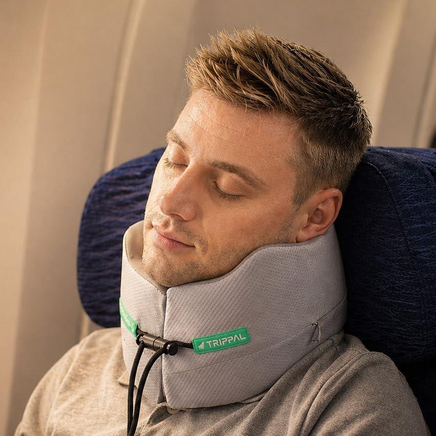 Travel Neck Pillow for Airplane: Neck Brace-Like Support 360 Chin Lock for Men in Middle Seat Sleep - Zero Head Slumping into Strangers - 8-Hour Upright Sleeping Without Neck Pain, Medium