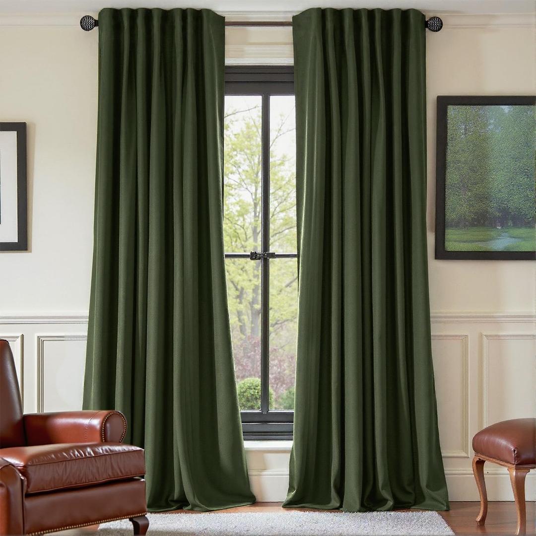 Nemia Olive Green Velvet Curtains Thermal Insulated Blackout Curtain for Bedroom Window Living Room Darkening Luxury Vintage 92 Inches Long Heavy Drapes Panels Back Tab Set of 2