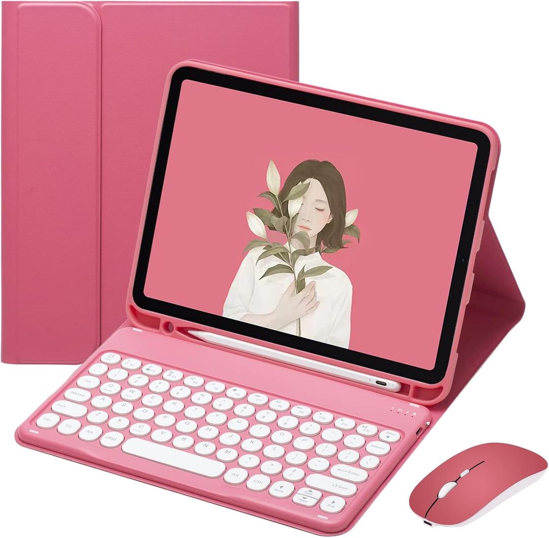 Keyboard Case for iPad 11th Gen A16 2025/iPad10th Generation 2022 with Mouse, Cute Round Key Magnetically Detachable Keyboard Case with Pencil Holder (New Pink)