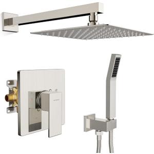 SR SUN RISE Shower Faucet Set & System - 10 Inch Rainfall Shower Head & Handle Set Wall Mounted Brushed Nickel Solid Brass Valve Trim Kit Included