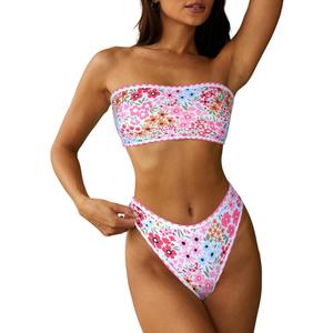 ZAFUL Women Strapless Textured Bandeau Bikini 2 Piece Swimwear Cheeky Solid Lace up Bathing Suits, Medium